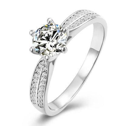 925 Sterling Silver Classic Six Prong Round Cut CZ Pave Ring