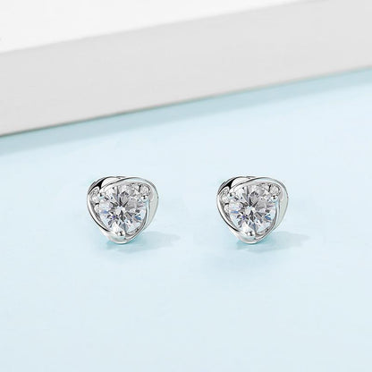 925 Sterling Silver Classic Round Cut Cubic Zirconia Heart-shaped Stud Earrings