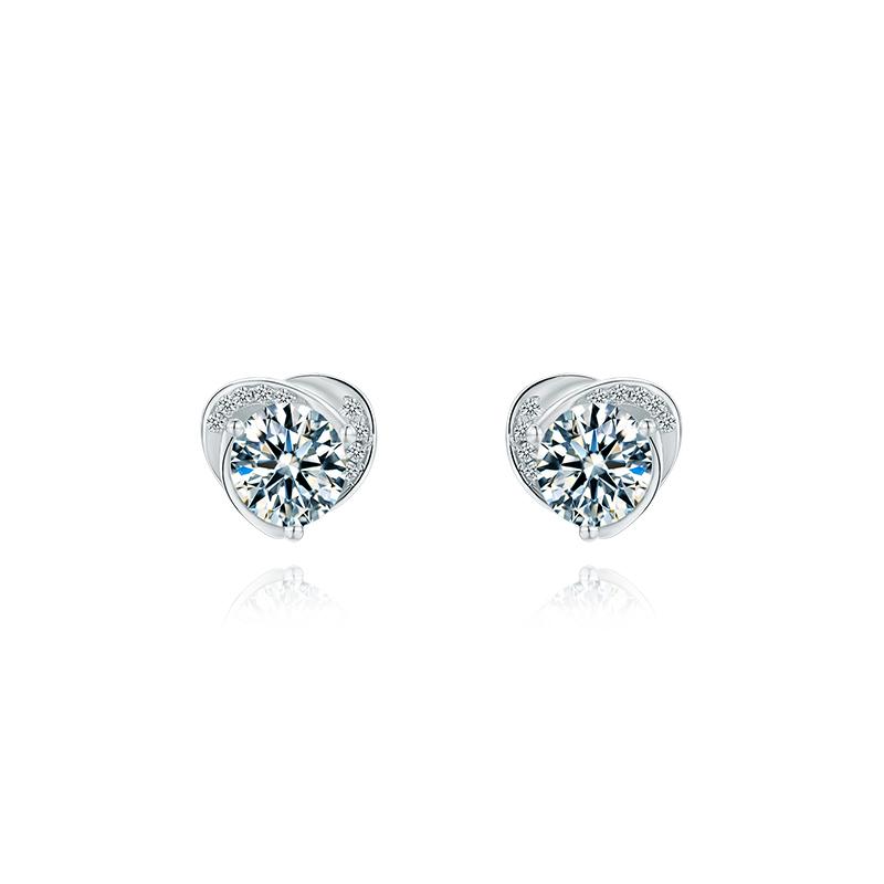 925 Sterling Silver Classic Round Cut Cubic Zirconia Heart-shaped Stud Earrings