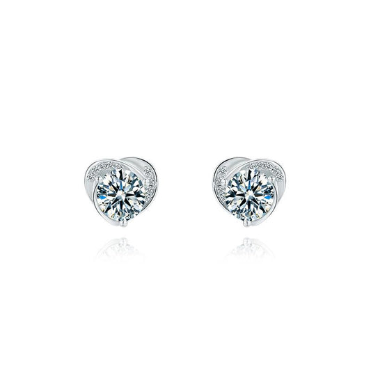 925 Sterling Silver Classic Round Cut Cubic Zirconia Heart-shaped Stud Earrings