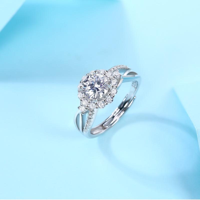 925 Sterling Silver Halo Round Brilliant Cut Cz Ring with Adjustable Size