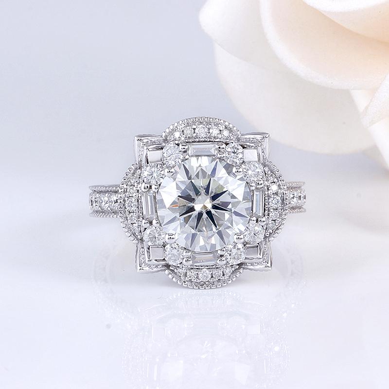 925 Sterling Silver Round Cut Art Deco CZ Engagement Ring