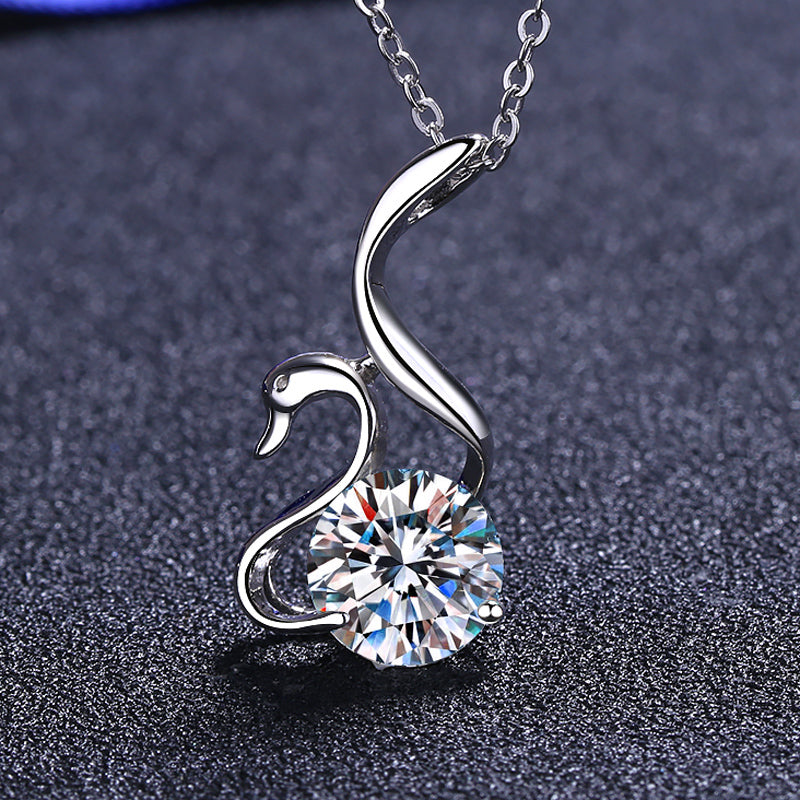 925 Sterling Silver Swan Pendant Necklace with Round Cut Dancing CZ Necklace