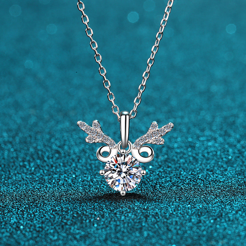 925 Sterling Silver Round Cut CZ Elk Antlers Pendant Necklace