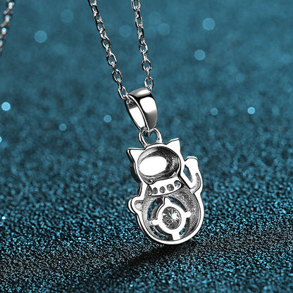 925 Sterling Silver Round Cut CZ Lucky Cat Pendant Necklace