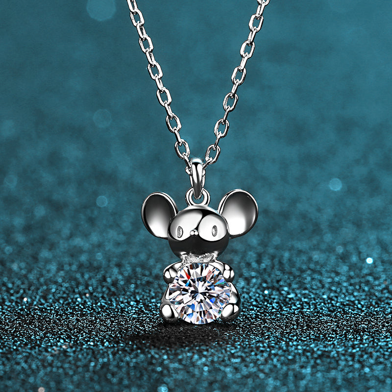 925 Sterling Silver Round Cut CZ Cute Rat Pendant Necklace