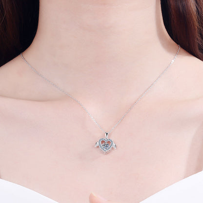 925 Sterling Silver Round Cut CZ Heart Dancing Wing Necklace