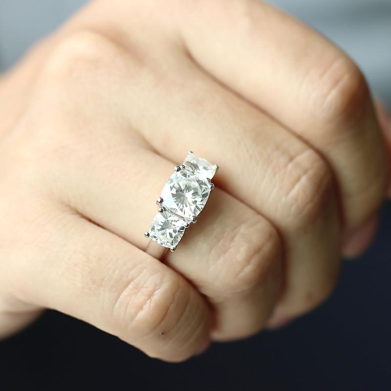 925 Sterling Silver Cushion Cut CZ Three Stone Ring for women