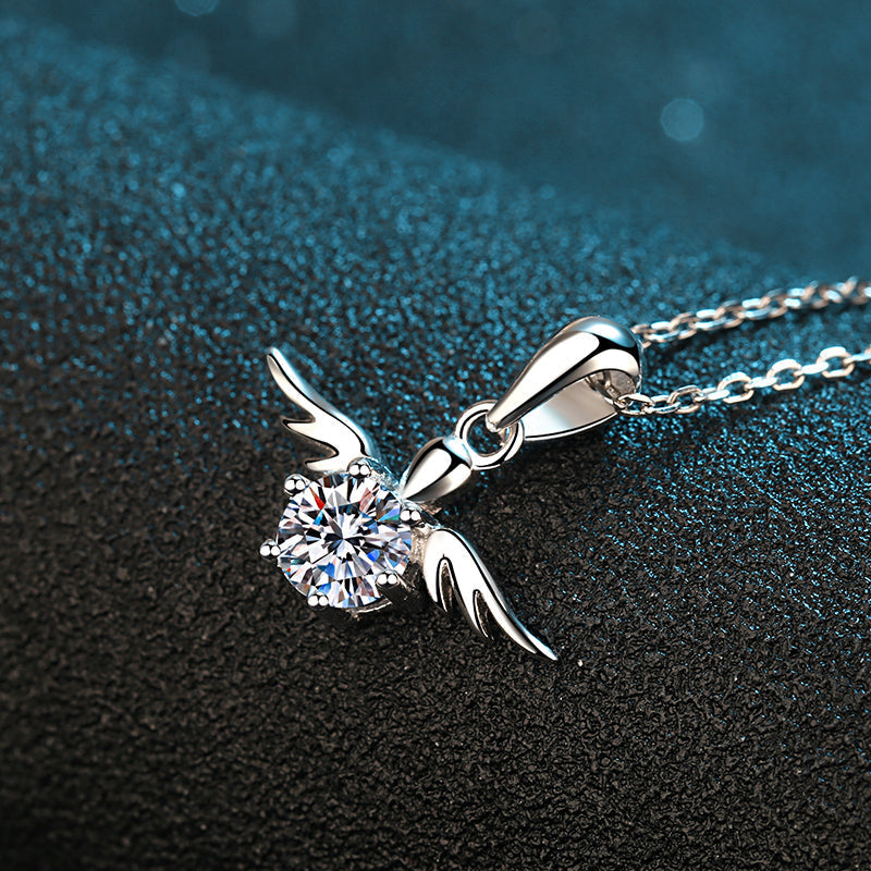 925 Sterling Silver Round Cut CZ Diamond Angel Wing Necklace