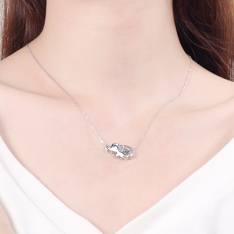 925 Sterling Silver Round Cut CZ Small Elephant Dancing Necklace