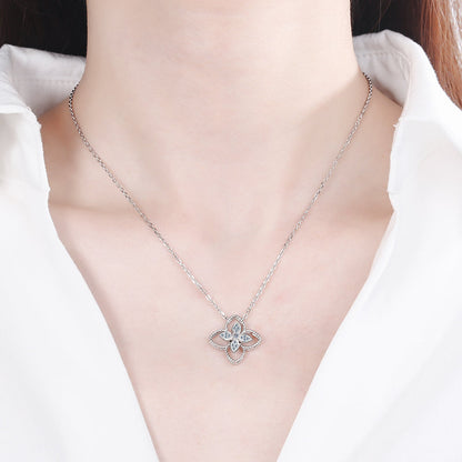 925 Sterling Silver Round Cut CZ Flower Shaped Pendant Necklace