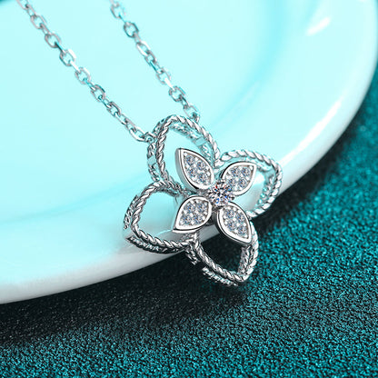 925 Sterling Silver Round Cut CZ Flower Shaped Pendant Necklace