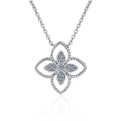 925 Sterling Silver Round Cut CZ Flower Shaped Pendant Necklace