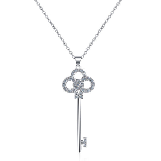 925 Sterling Silver Round Cut CZ Key Pendant Necklace