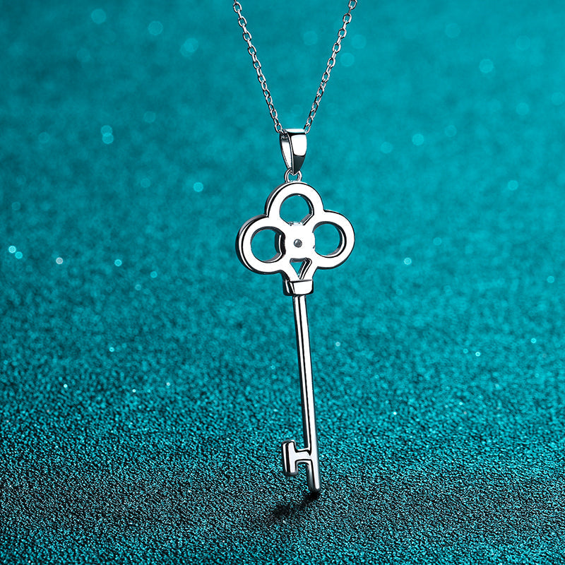 925 Sterling Silver Round Cut CZ Key Pendant Necklace