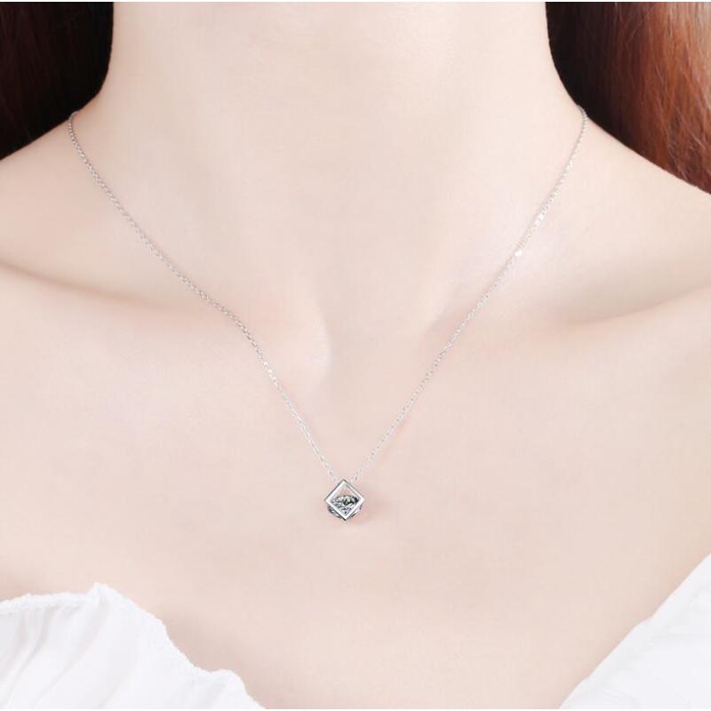 925 Sterling Silver Round Cut CZ Square Box Pendant Necklace