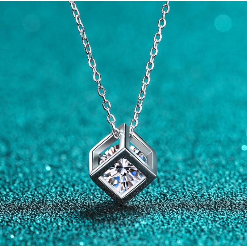 925 Sterling Silver Round Cut CZ Square Box Pendant Necklace