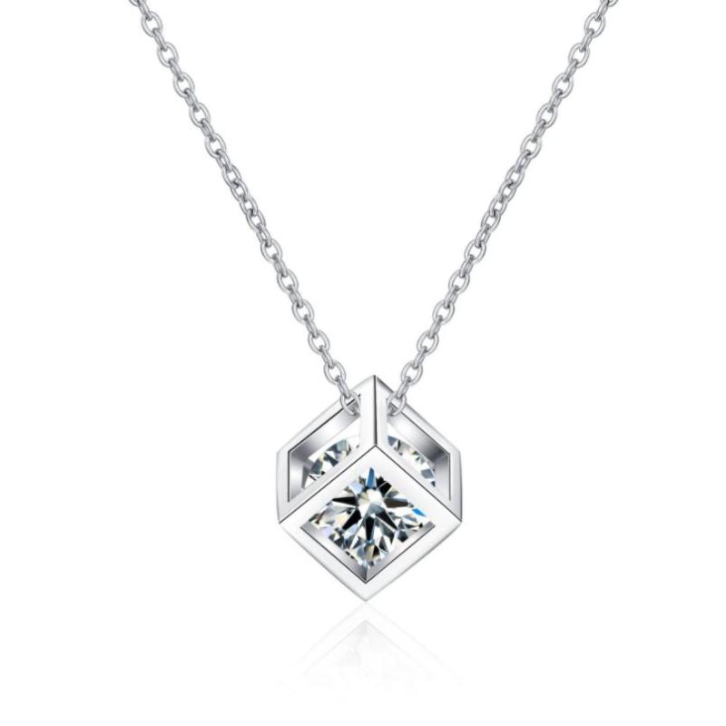 925 Sterling Silver Round Cut CZ Square Box Pendant Necklace