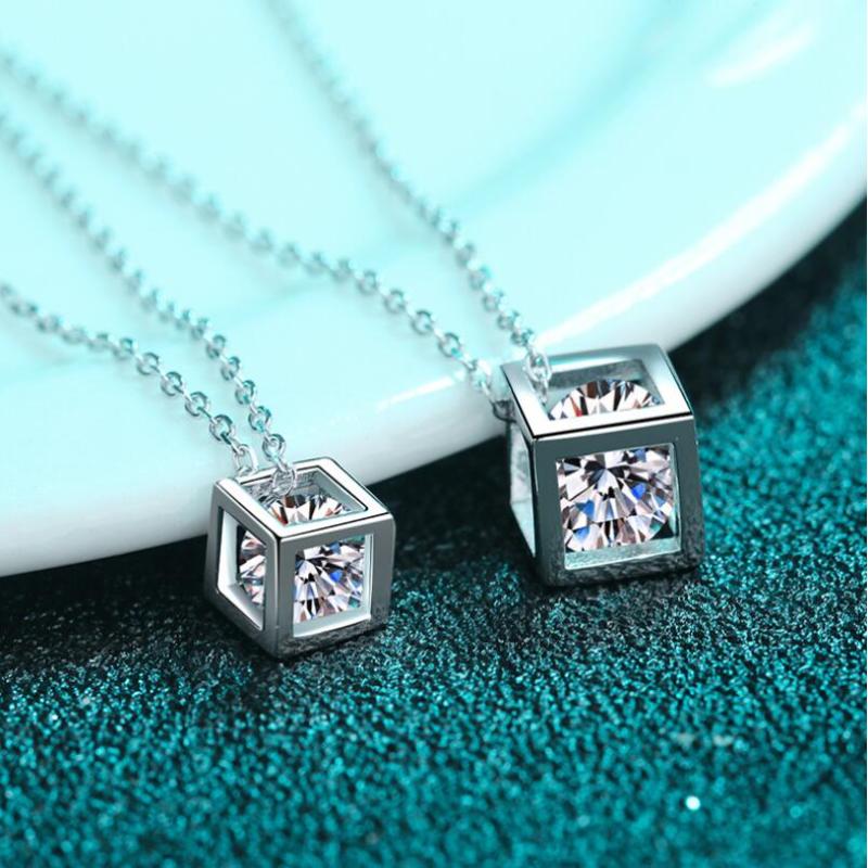 925 Sterling Silver Round Cut CZ Square Box Pendant Necklace