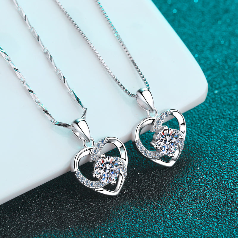 925 Sterling Silver Round Cut CZ Heart Pendant Necklace