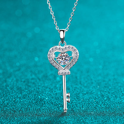 925 Sterling Silver Round Cut CZ Key Heart Pendant Necklace