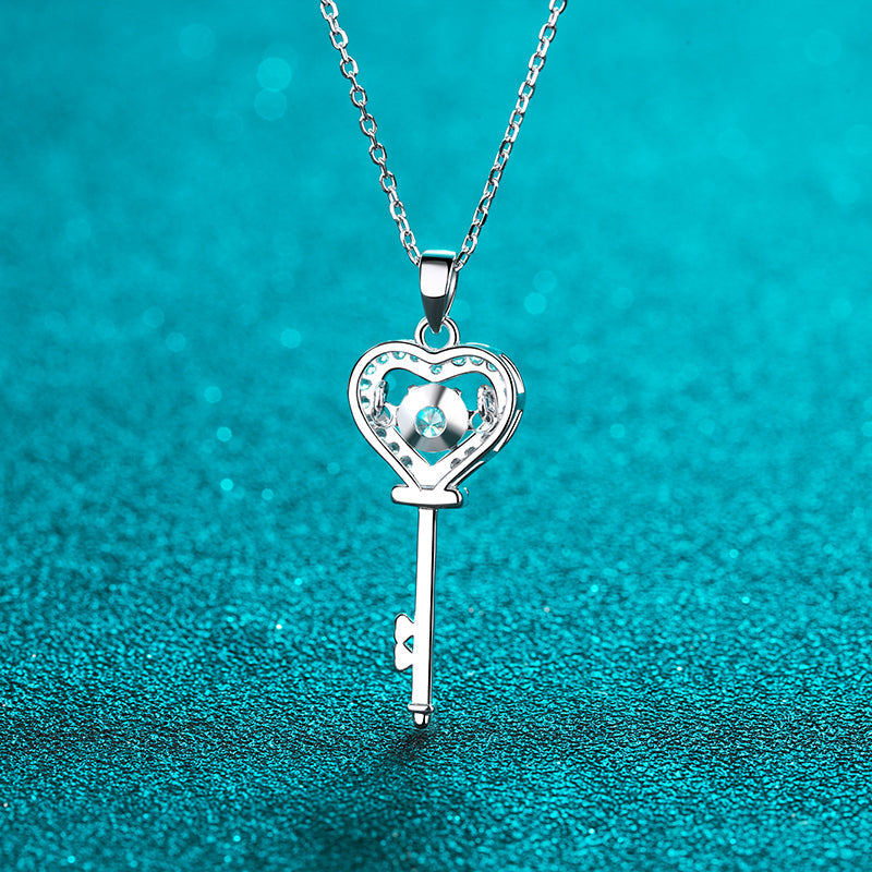 925 Sterling Silver Round Cut CZ Key Heart Pendant Necklace