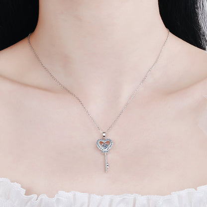 925 Sterling Silver Round Cut CZ Key Heart Pendant Necklace