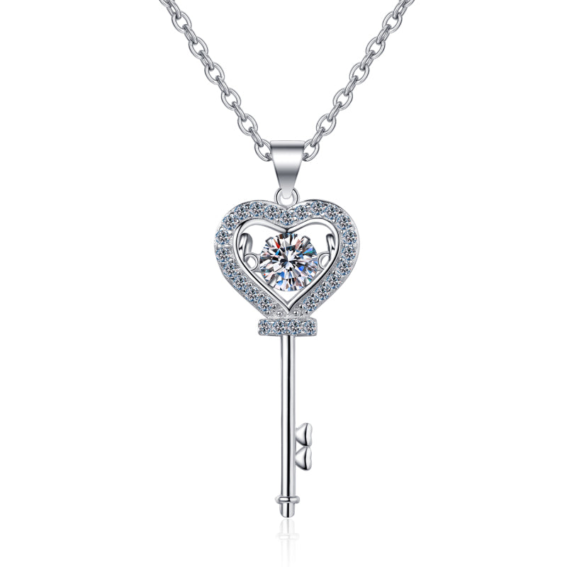 925 Sterling Silver Round Cut CZ Key Heart Pendant Necklace