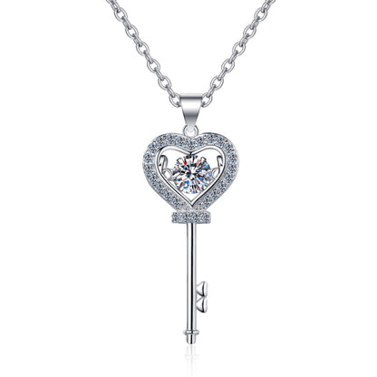 925 Sterling Silver Round Cut CZ Key Heart Pendant Necklace