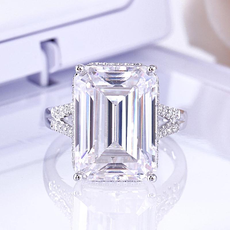 925 Sterling Silver Emerald Cut CZ Split Shank Engagement Ring