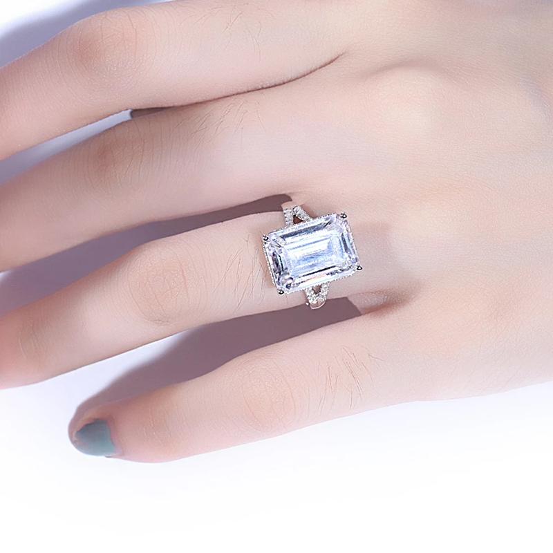 925 Sterling Silver Emerald Cut CZ Split Shank Engagement Ring