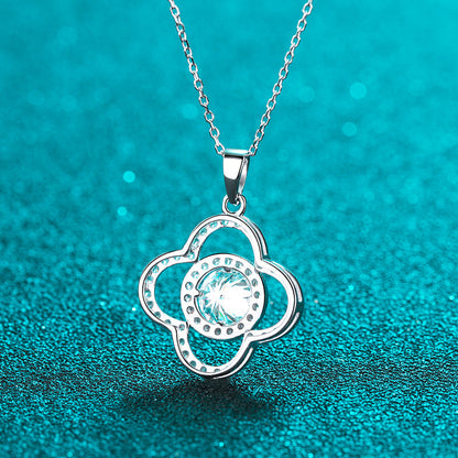 925 Sterling Silver Round Cut CZ Leaf Clover Necklace