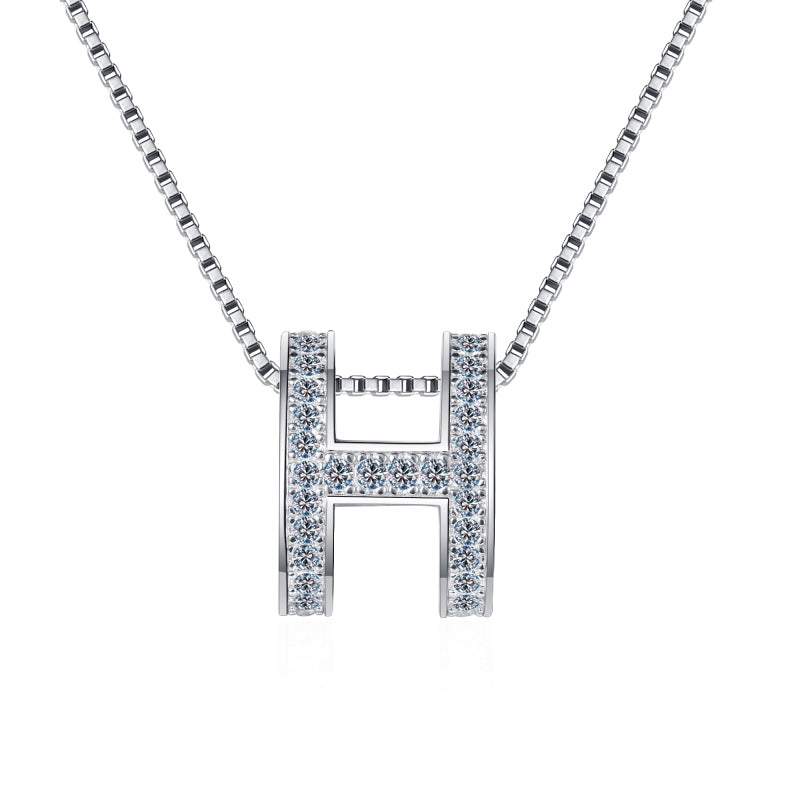 925 Sterling Silver Round Cut CZ letter H Necklace