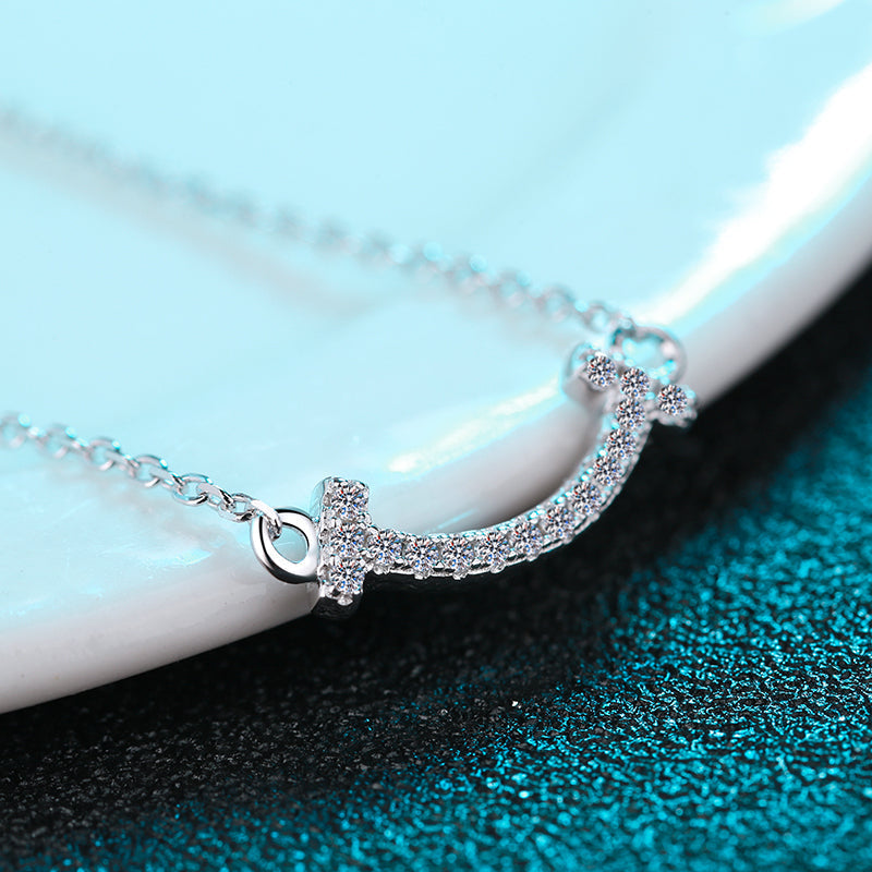 925 Sterling Silver Round Cut CZ Diamond Smiley Necklace