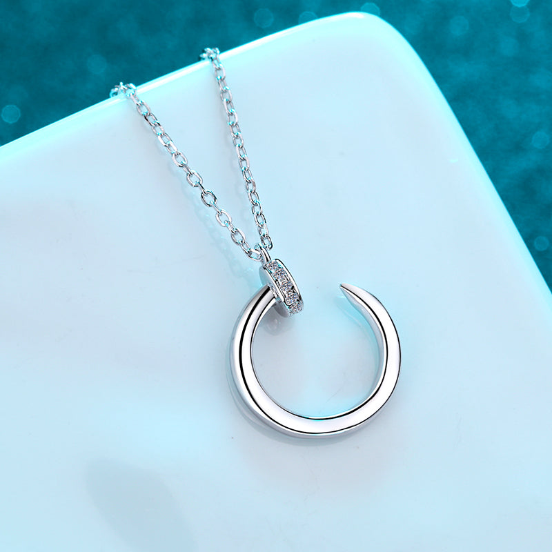 925 Sterling Silver Round Cut CZ Half moon Pendant Necklace