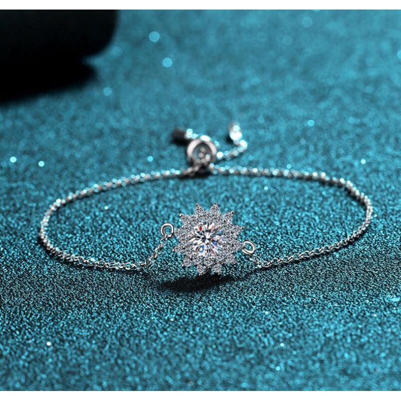 925 Sterling Silver Round Cut CZ Diamond Sunflower Bracelet Adjustable