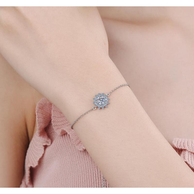 925 Sterling Silver Round Cut CZ Diamond Sunflower Bracelet Adjustable