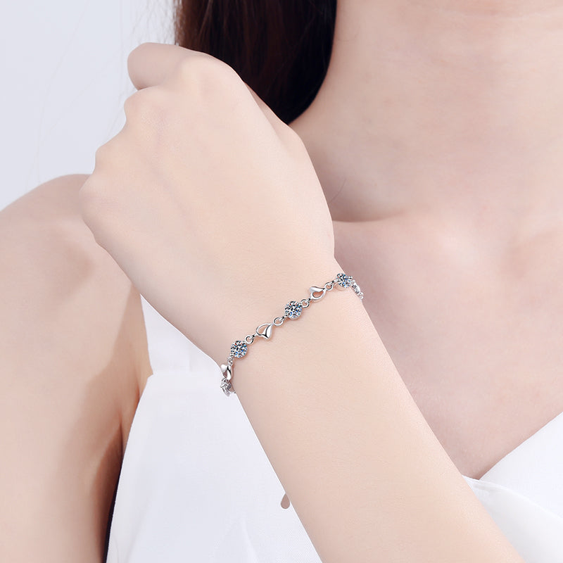 925 Sterling Silver Round Cut CZ Diamond Love Heart Bracelet