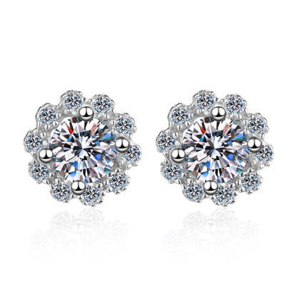 925 Sterling Silver Round Cut Cubic Zirconia Flower Shaped Stud Earrings