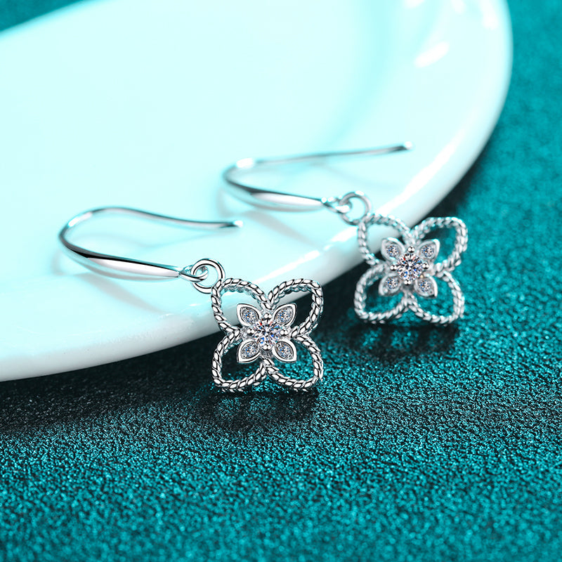 925 Sterling Silver Round Cut Cubic Zirconia Clover Ear Hook Earrings