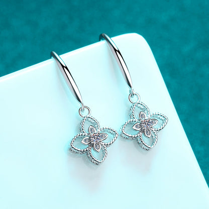 925 Sterling Silver Round Cut Cubic Zirconia Clover Ear Hook Earrings