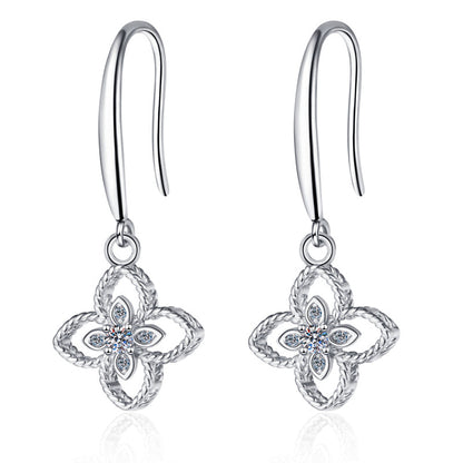 925 Sterling Silver Round Cut Cubic Zirconia Clover Ear Hook Earrings