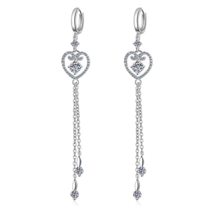 925 Sterling Silver Round Cut  CZ Tassel Heart Shaped Drop Earrings