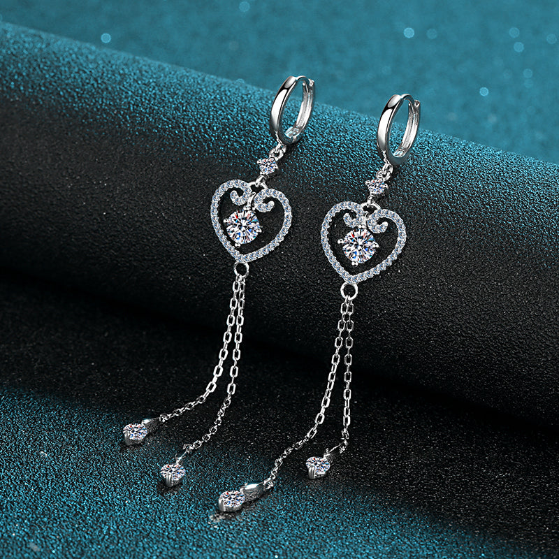 925 Sterling Silver Round Cut  CZ Tassel Heart Shaped Drop Earrings