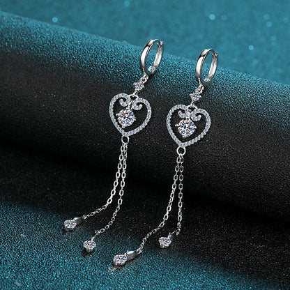 925 Sterling Silver Round Cut  CZ Tassel Heart Shaped Drop Earrings