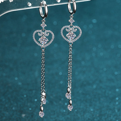 925 Sterling Silver Round Cut  CZ Tassel Heart Shaped Drop Earrings