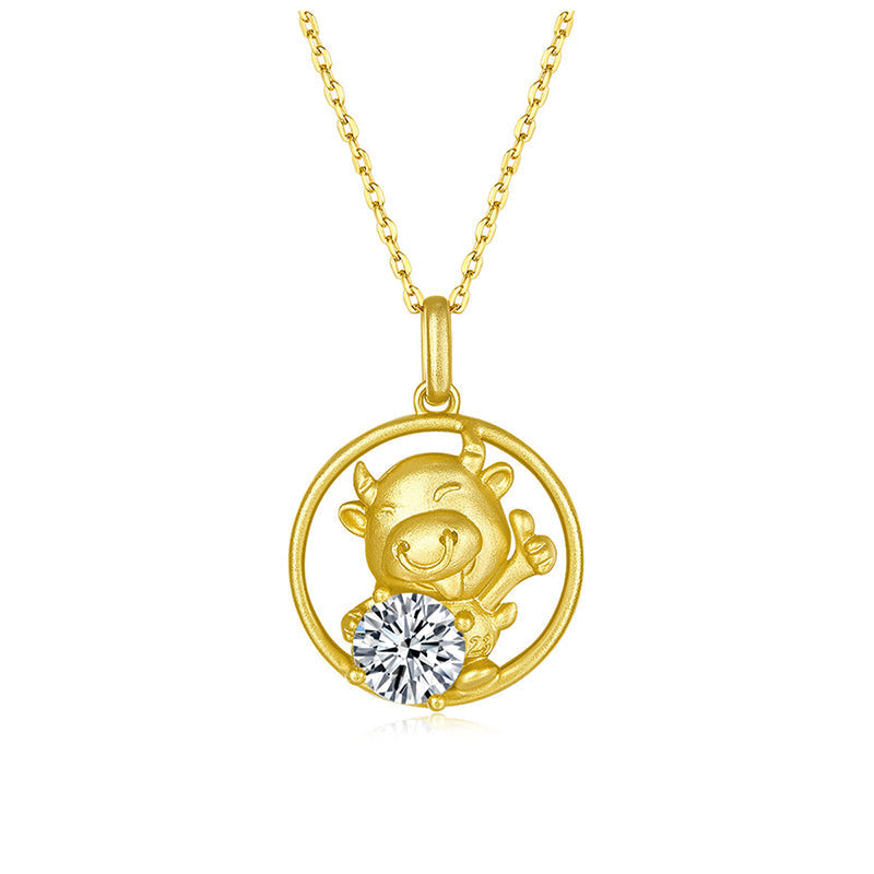 925 Sterling Silver Round Cut CZ Cute OX Pendant Necklace