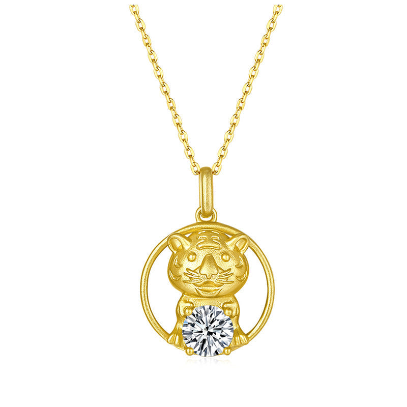 925 Sterling Silver Round Cut CZ Cute Tiger Pendant Necklace