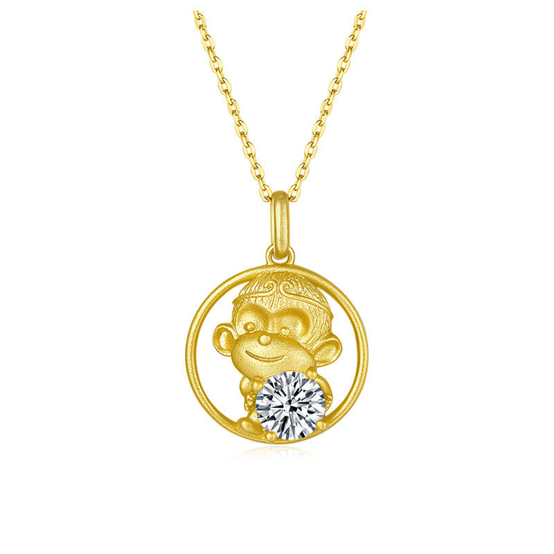 925 Sterling Silver Round Cut CZ Monkey  Pendant Necklace