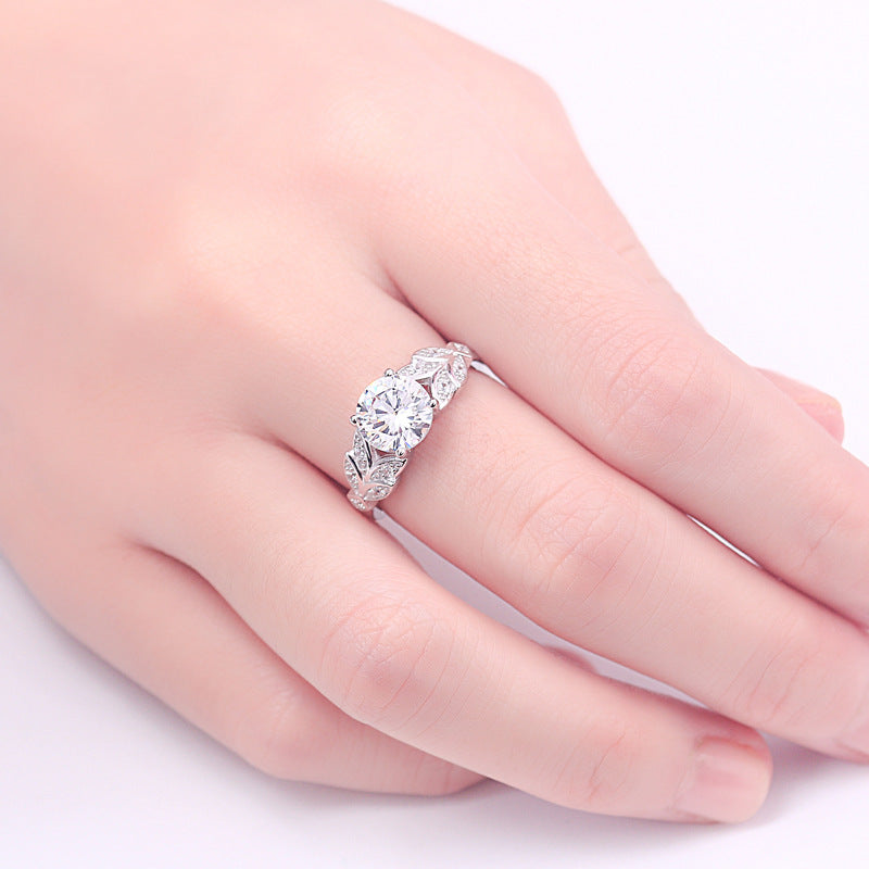 925 Sterling Silver Round Cut Created CZ Leaf Shaped Unique Engagement Rings for Women